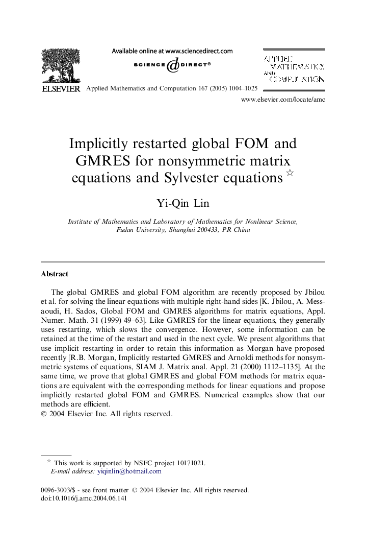 Implicitly restarted global FOM and GMRES for nonsymmetric matrix equations and Sylvester equations