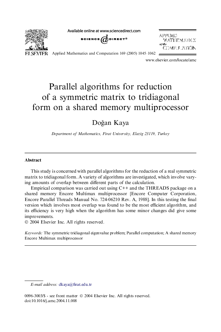 Parallel algorithms for reduction of a symmetric matrix to tridiagonal form on a shared memory multiprocessor