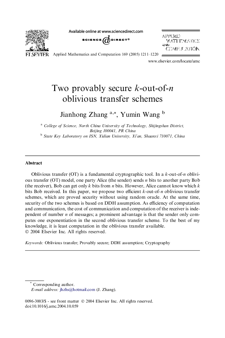 Two provably secure k-out-of-n oblivious transfer schemes