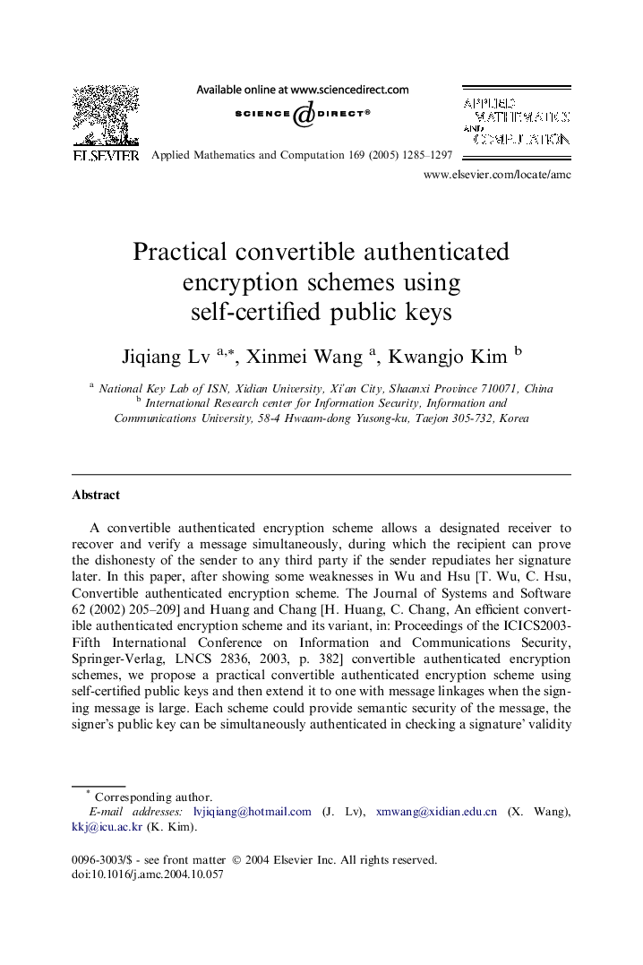 Practical convertible authenticated encryption schemes using self-certified public keys