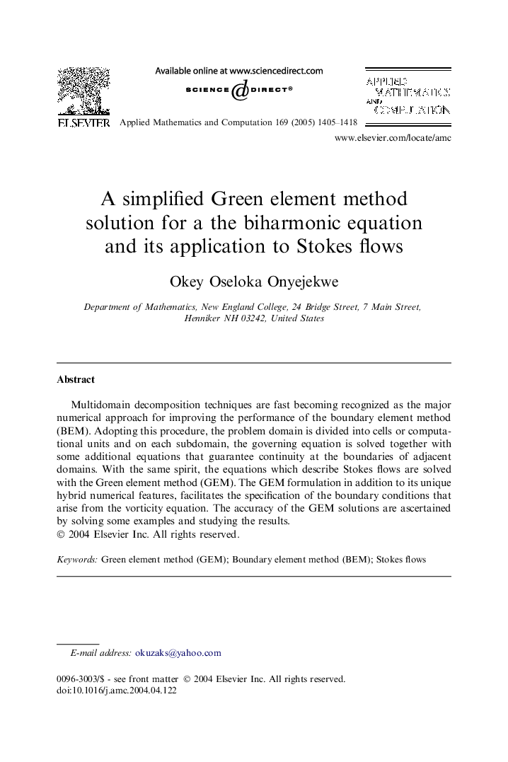A simplified Green element method solution for a the biharmonic equation and its application to Stokes flows