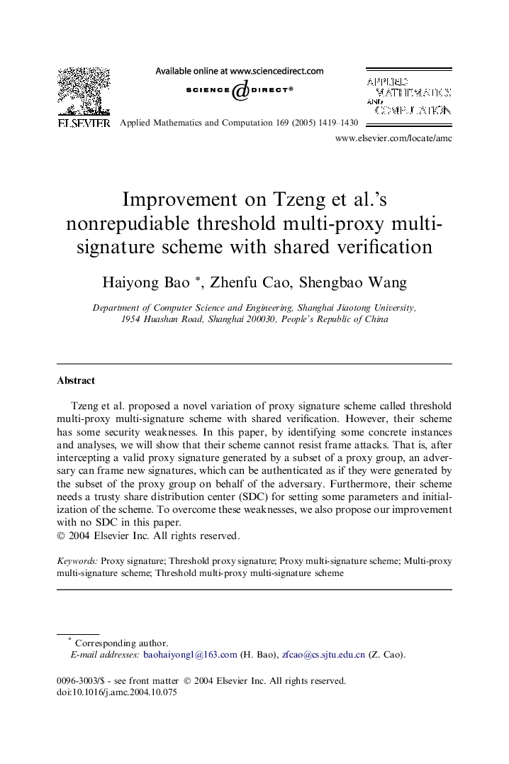 Improvement on Tzeng et al.'s nonrepudiable threshold multi-proxy multi-signature scheme with shared verification