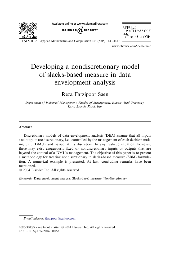 Developing a nondiscretionary model of slacks-based measure in data envelopment analysis