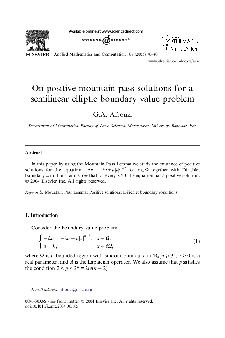 On positive mountain pass solutions for a semilinear elliptic boundary value problem