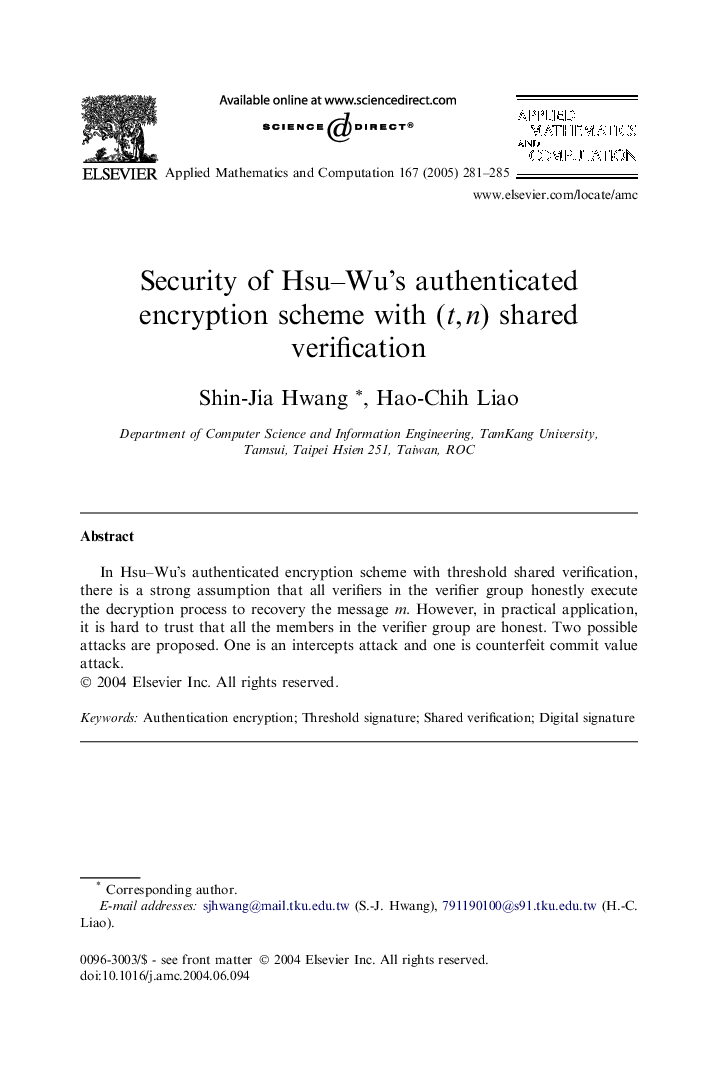 Security of Hsu-Wu's authenticated encryption scheme with (t,Â n) shared verification