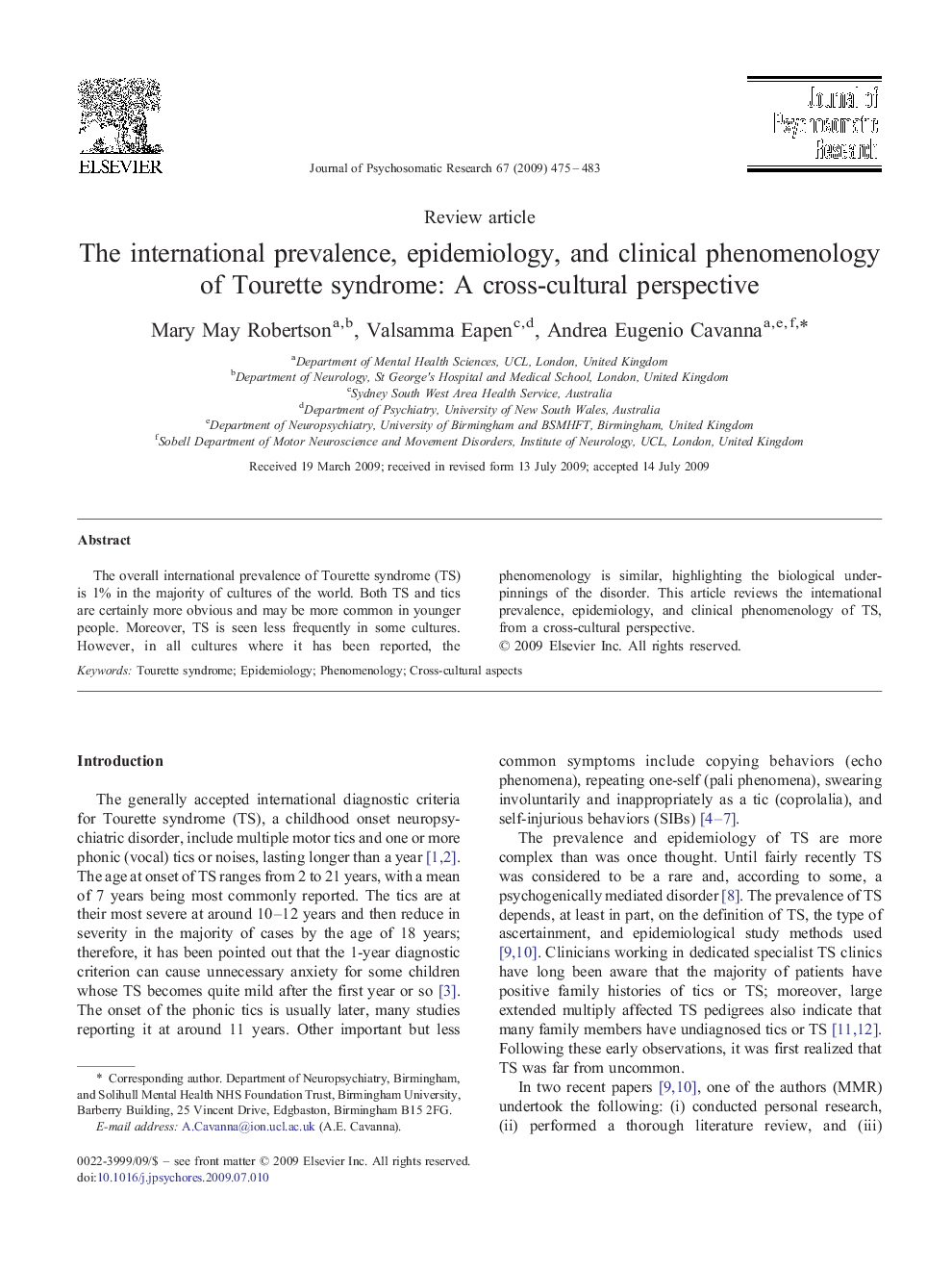 The international prevalence, epidemiology, and clinical phenomenology of Tourette syndrome: A cross-cultural perspective