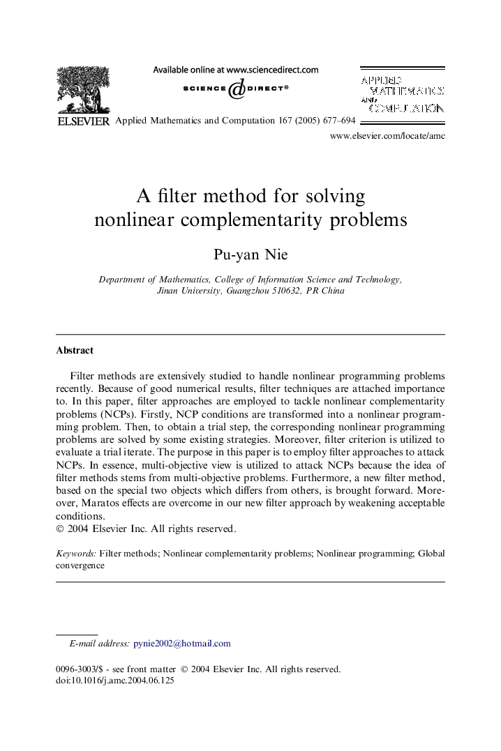 A filter method for solving nonlinear complementarity problems