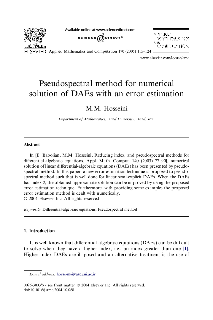 Pseudospectral method for numerical solution of DAEs with an error estimation