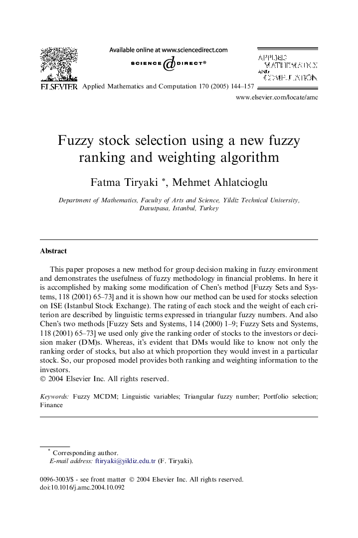 Fuzzy stock selection using a new fuzzy ranking and weighting algorithm