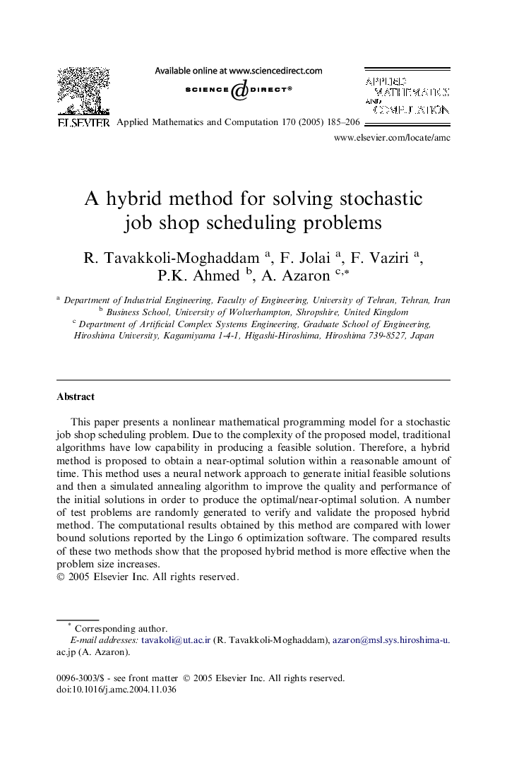 A hybrid method for solving stochastic job shop scheduling problems