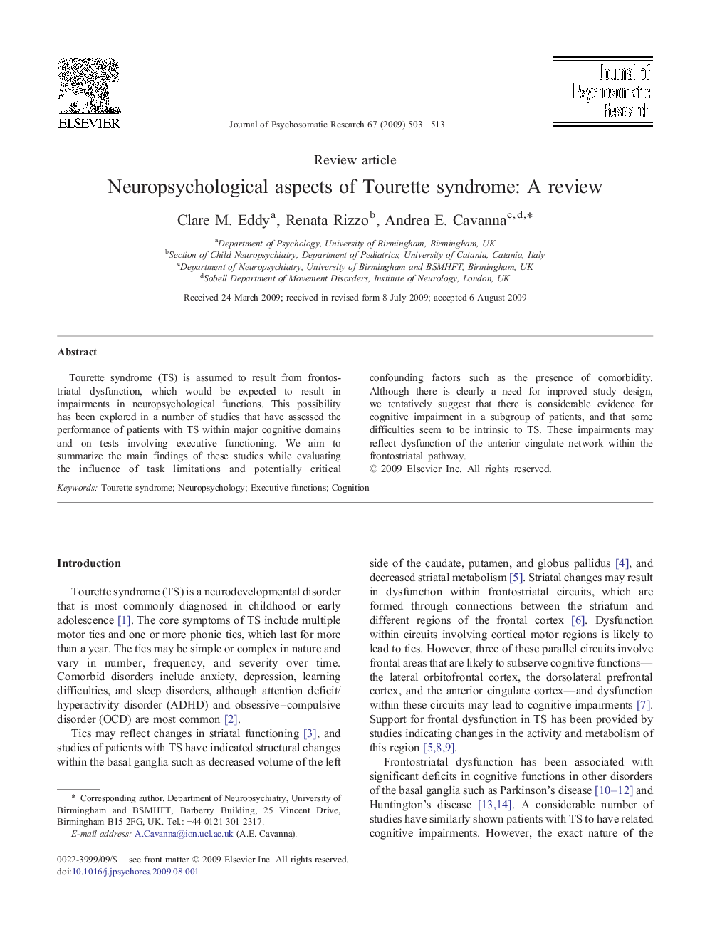 Neuropsychological aspects of Tourette syndrome: A review