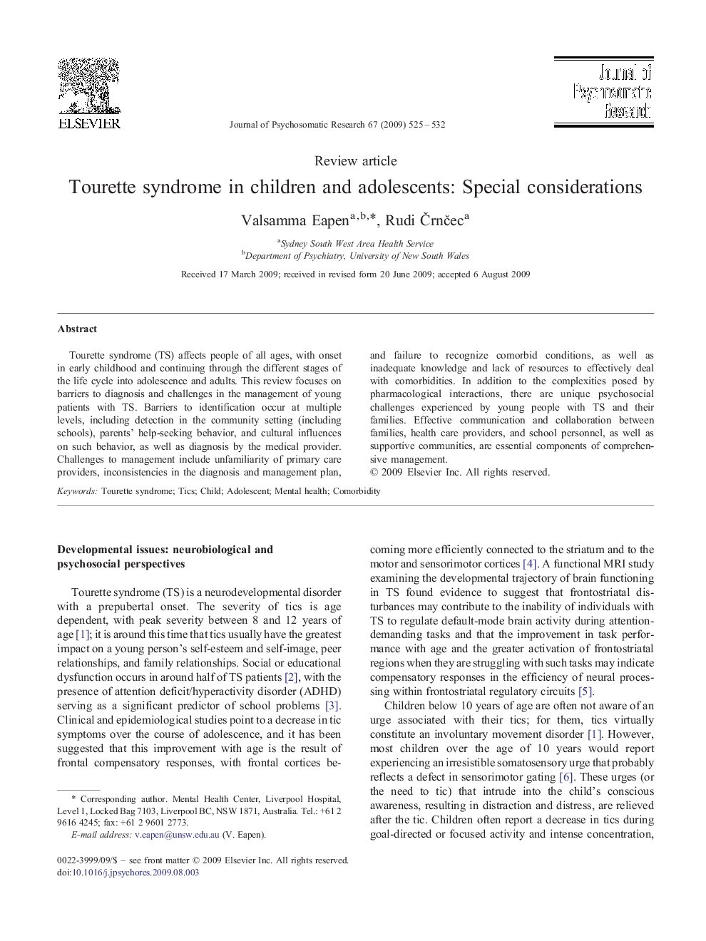 Tourette syndrome in children and adolescents: Special considerations