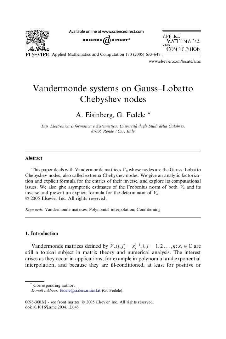 Vandermonde systems on Gauss-Lobatto Chebyshev nodes