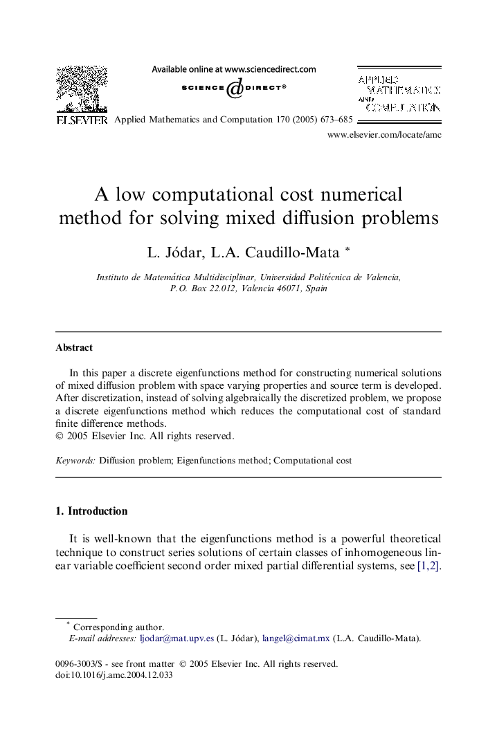 A low computational cost numerical method for solving mixed diffusion problems