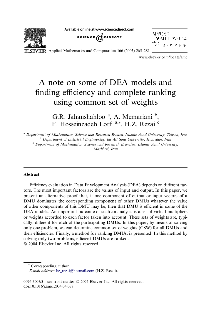 A note on some of DEA models and finding efficiency and complete ranking using common set of weights