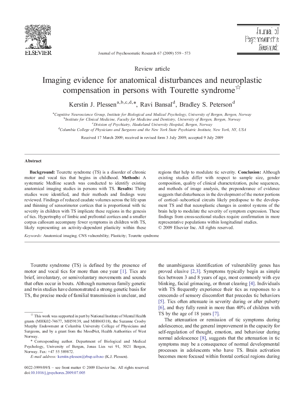 Imaging evidence for anatomical disturbances and neuroplastic compensation in persons with Tourette syndrome 