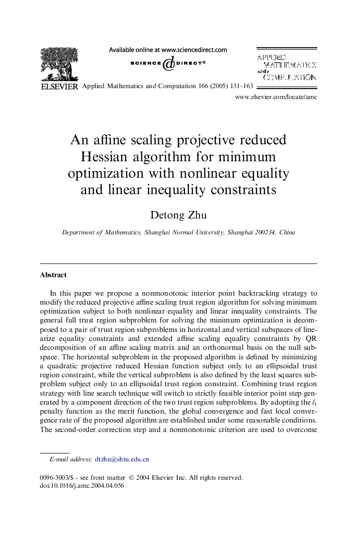 An affine scaling projective reduced Hessian algorithm for minimum optimization with nonlinear equality and linear inequality constraints