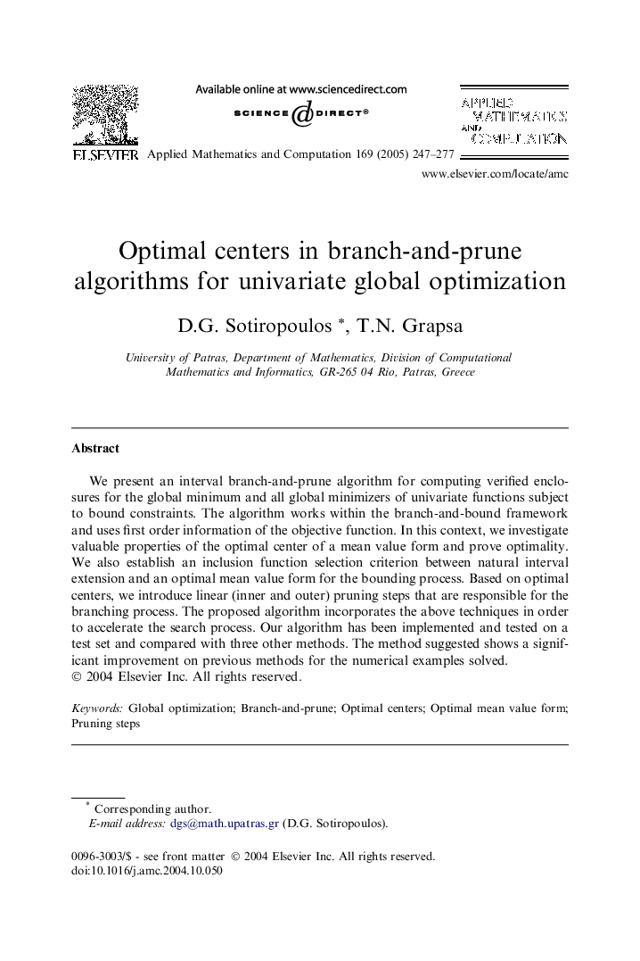 Optimal centers in branch-and-prune algorithms for univariate global optimization