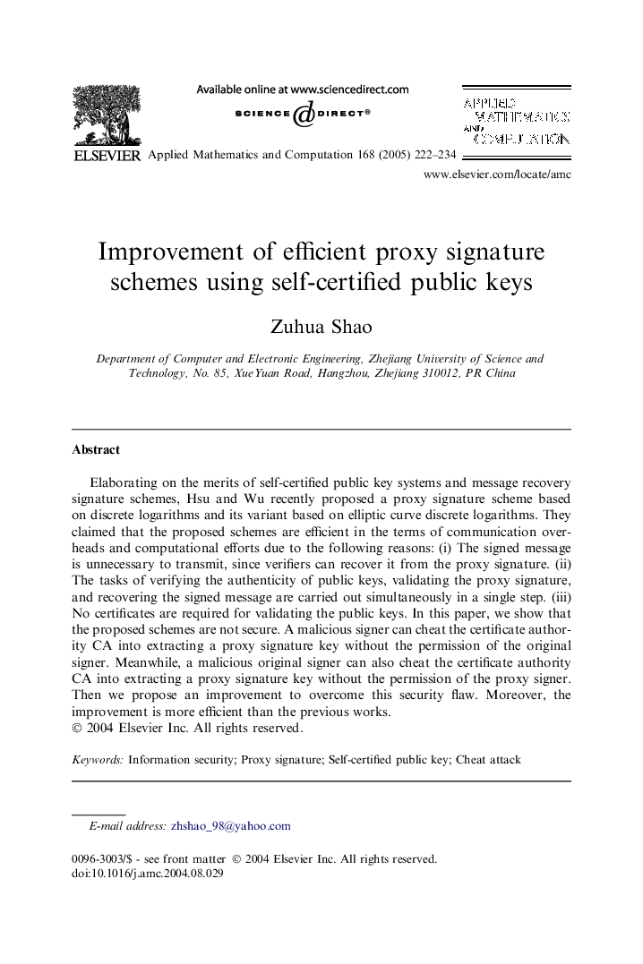 Improvement of efficient proxy signature schemes using self-certified public keys