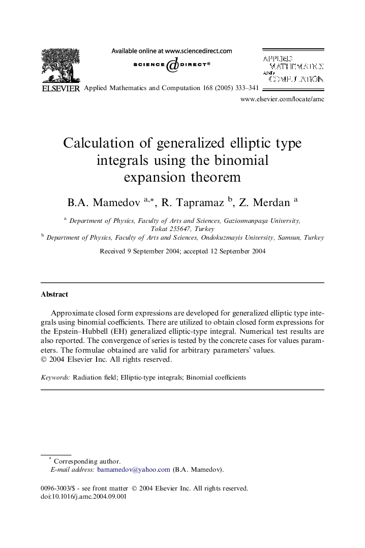 Calculation of generalized elliptic type integrals using the binomial expansion theorem