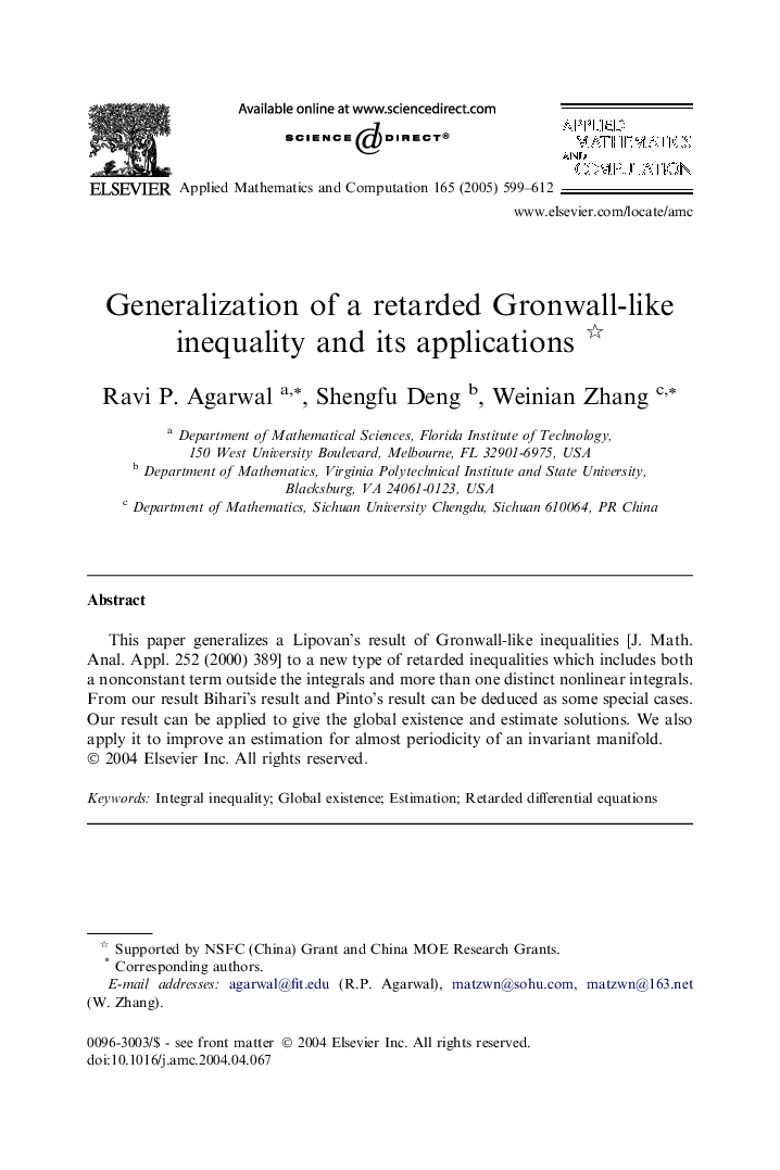 عکس صفحه اول مقاله: Generalization of a retarded Gronwall-like inequality and its applications Generalization of a retarded Gronwall-like inequality and its applications