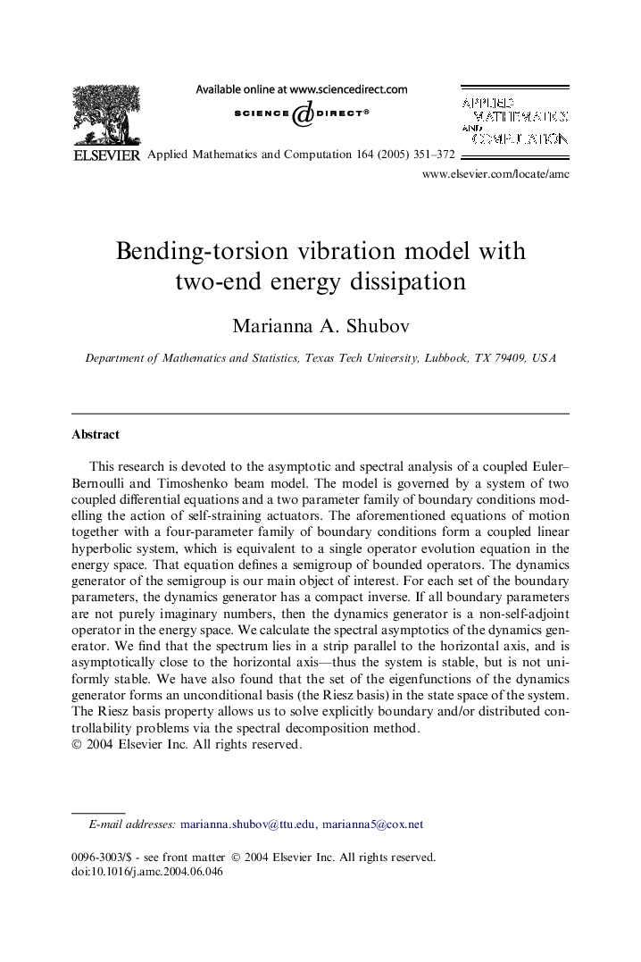 Bending-torsion vibration model with two-end energy dissipation