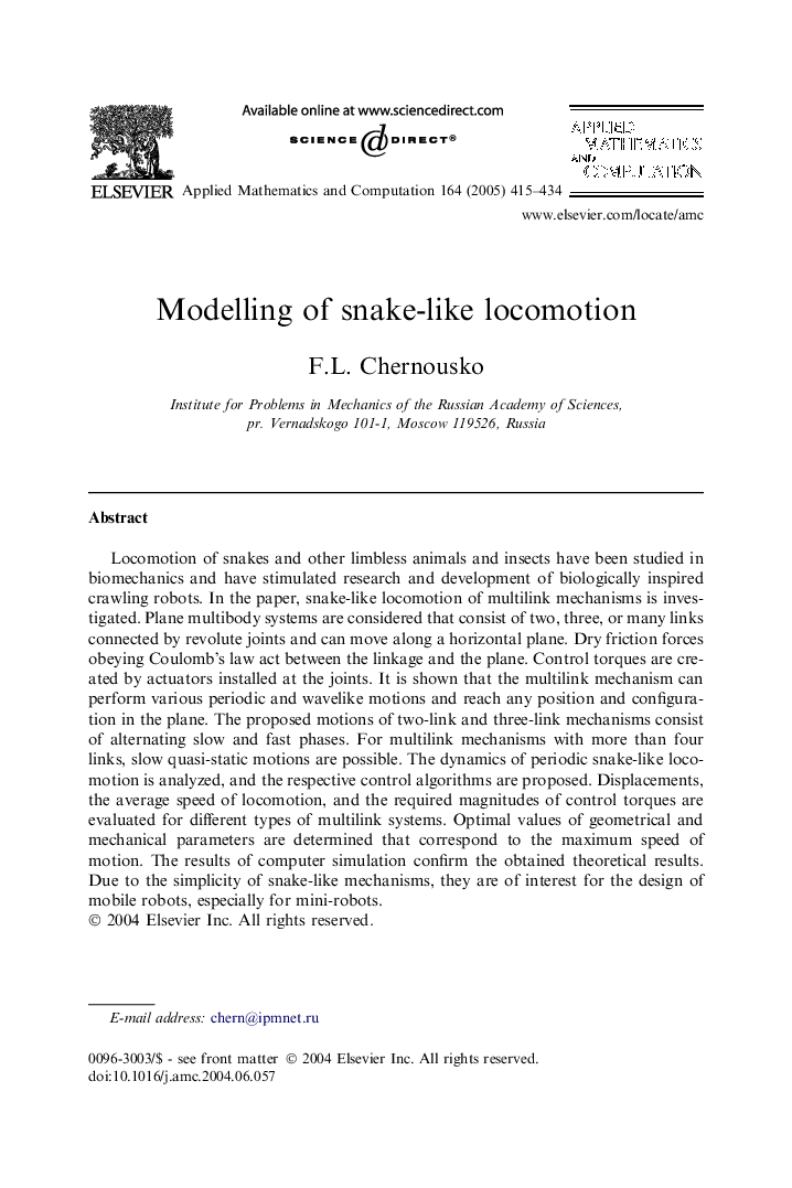 Modelling of snake-like locomotion