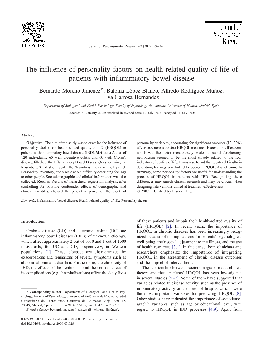 The influence of personality factors on health-related quality of life of patients with inflammatory bowel disease