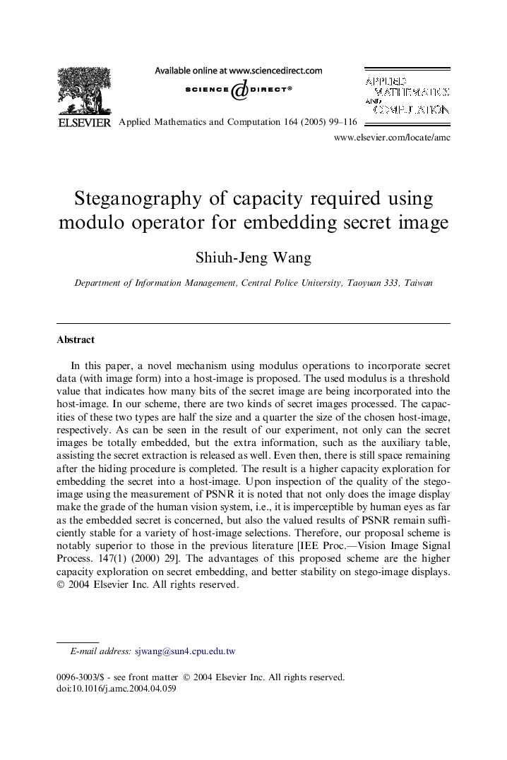 Steganography of capacity required using modulo operator for embedding secret image