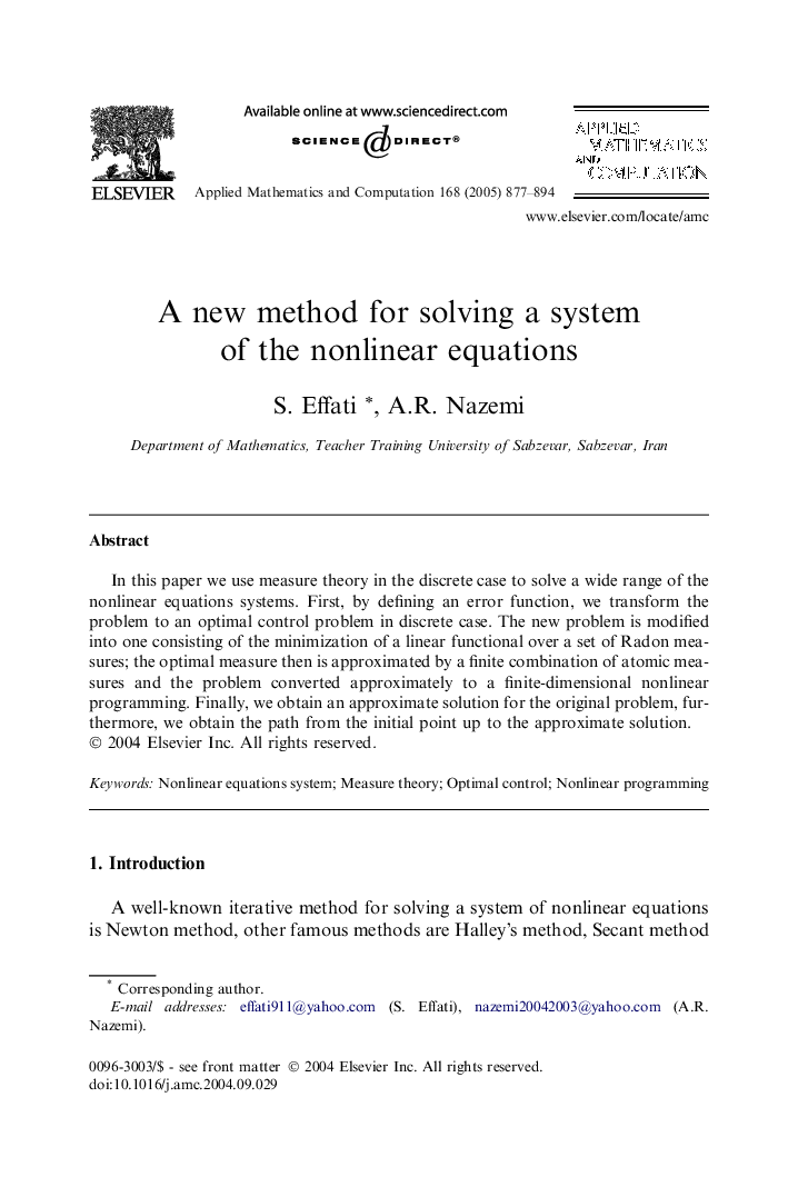 A new method for solving a system of the nonlinear equations