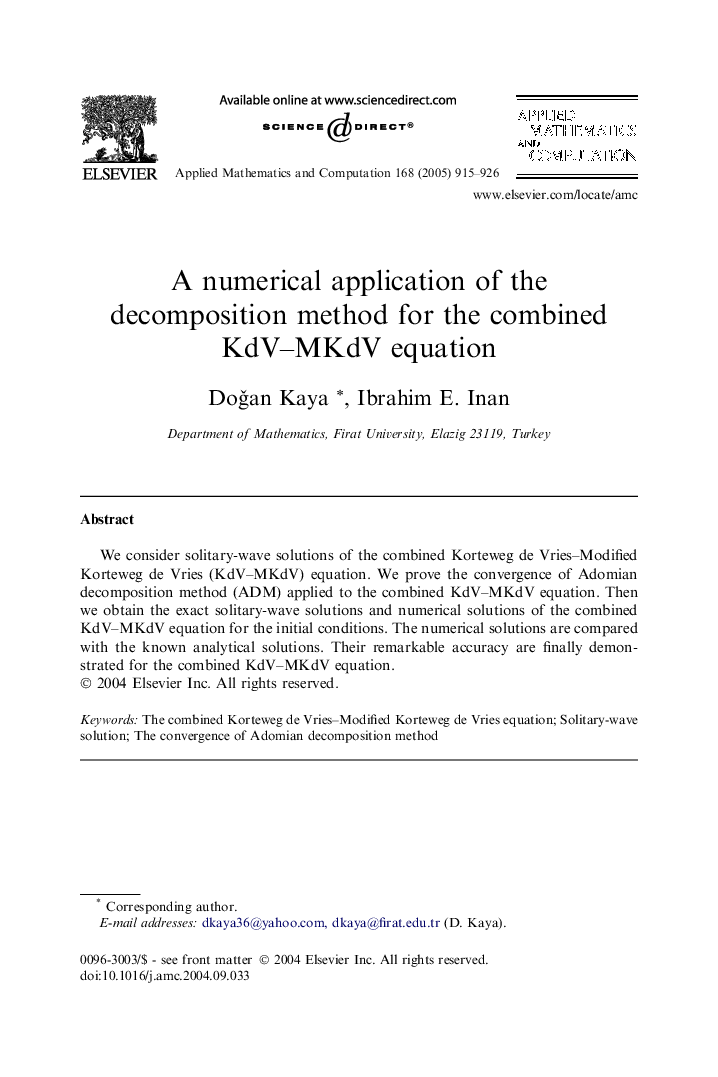 A numerical application of the decomposition method for the combined KdV-MKdV equation