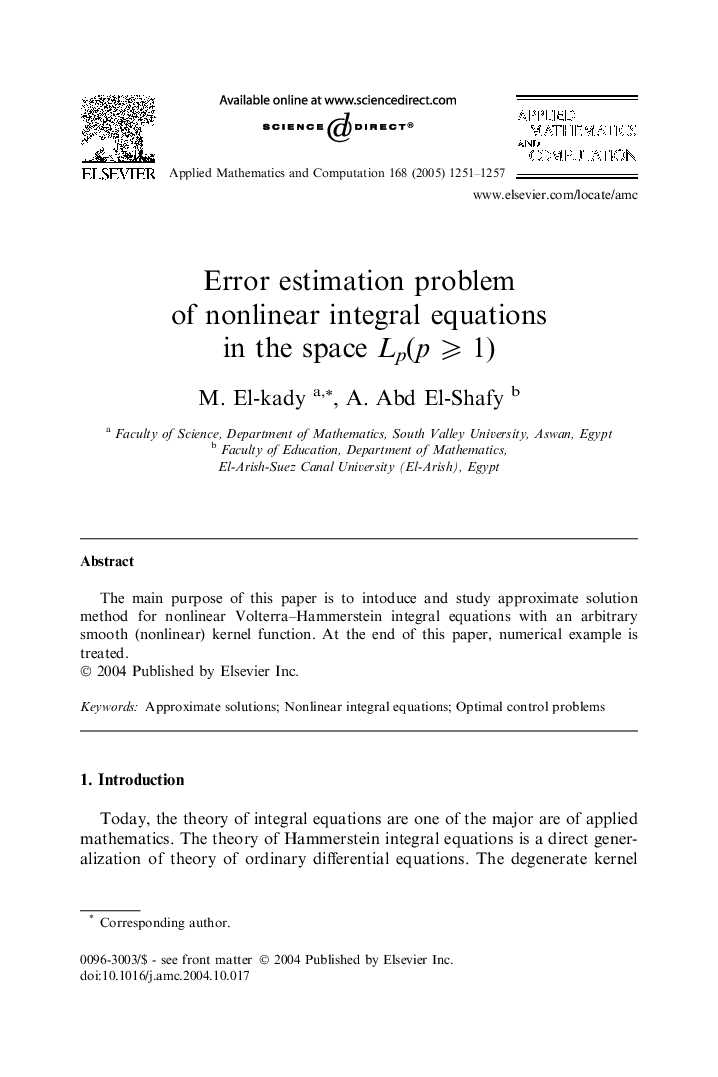 Error estimation problem of nonlinear integral equations in the space Lp(pÂ â©¾Â 1)