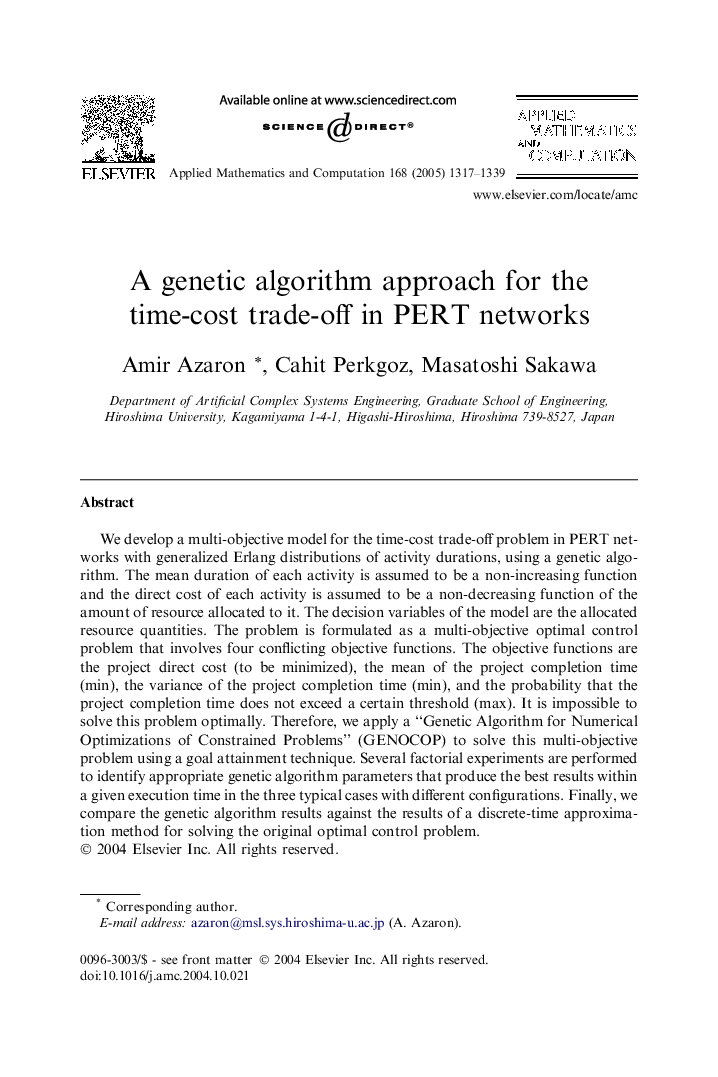 A genetic algorithm approach for the time-cost trade-off in PERT networks