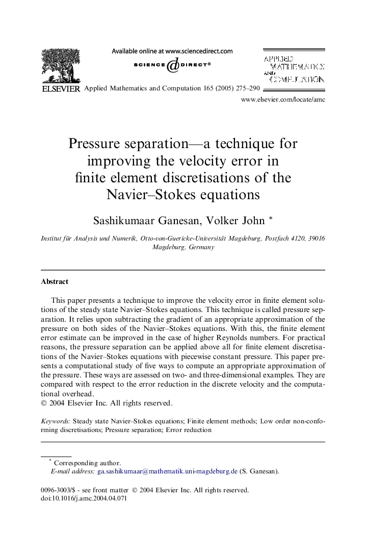 Pressure separation--a technique for improving the velocity error in finite element discretisations of the Navier-Stokes equations