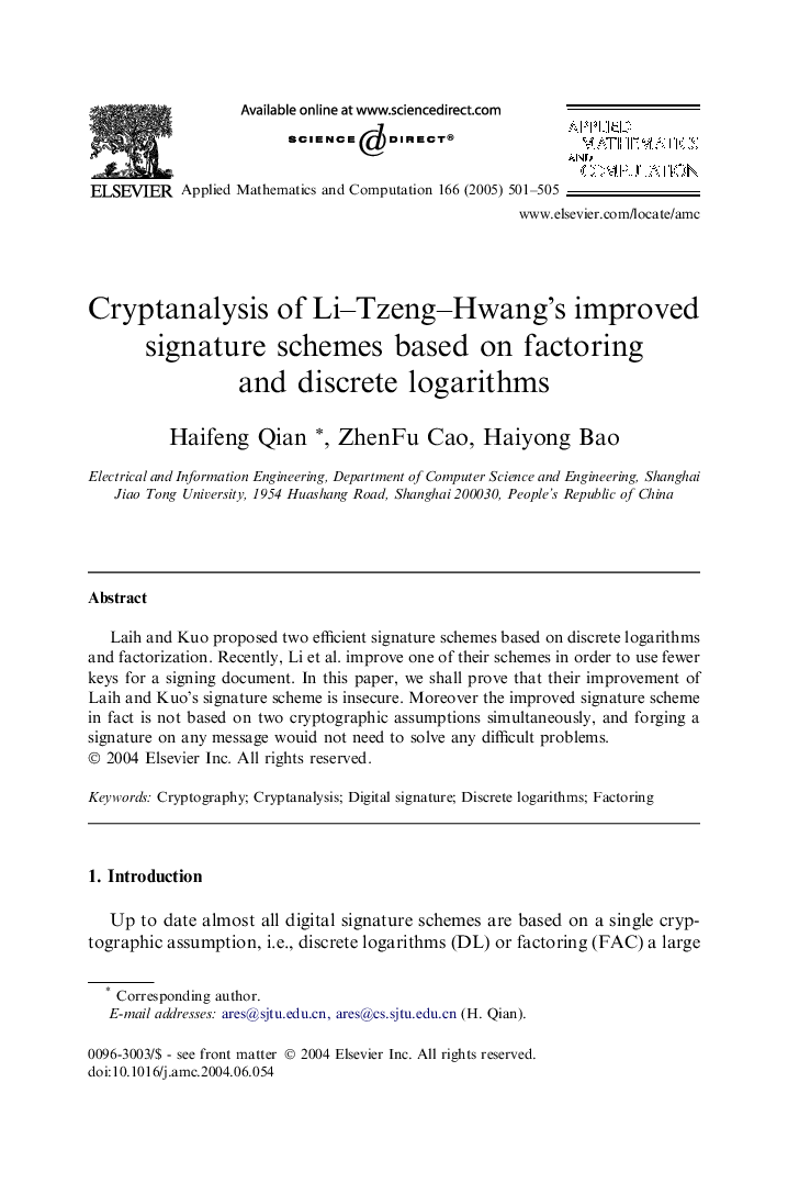 Cryptanalysis of Li-Tzeng-Hwang's improved signature schemes based on factoring and discrete logarithms