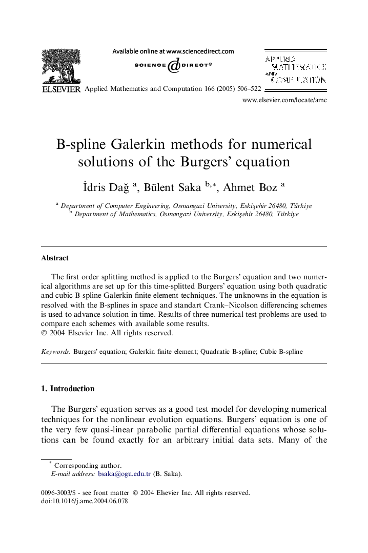 B-spline Galerkin methods for numerical solutions of the Burgers' equation