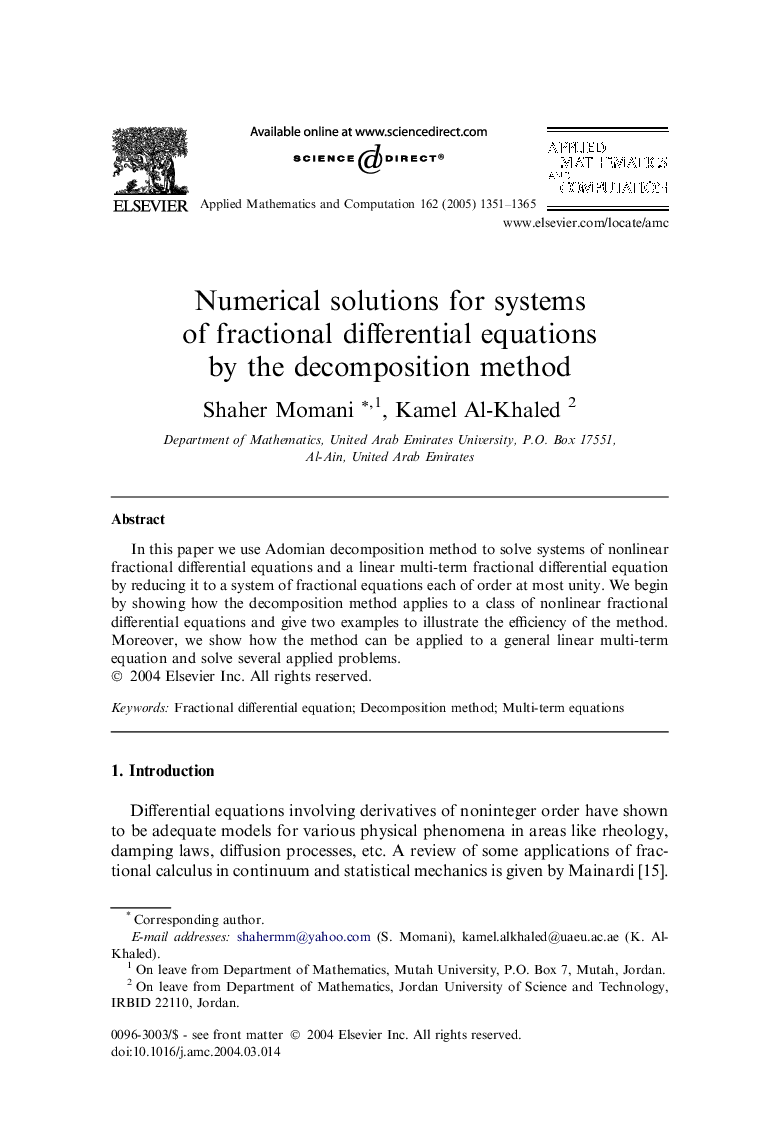 Numerical solutions for systems of fractional differential equations by the decomposition method