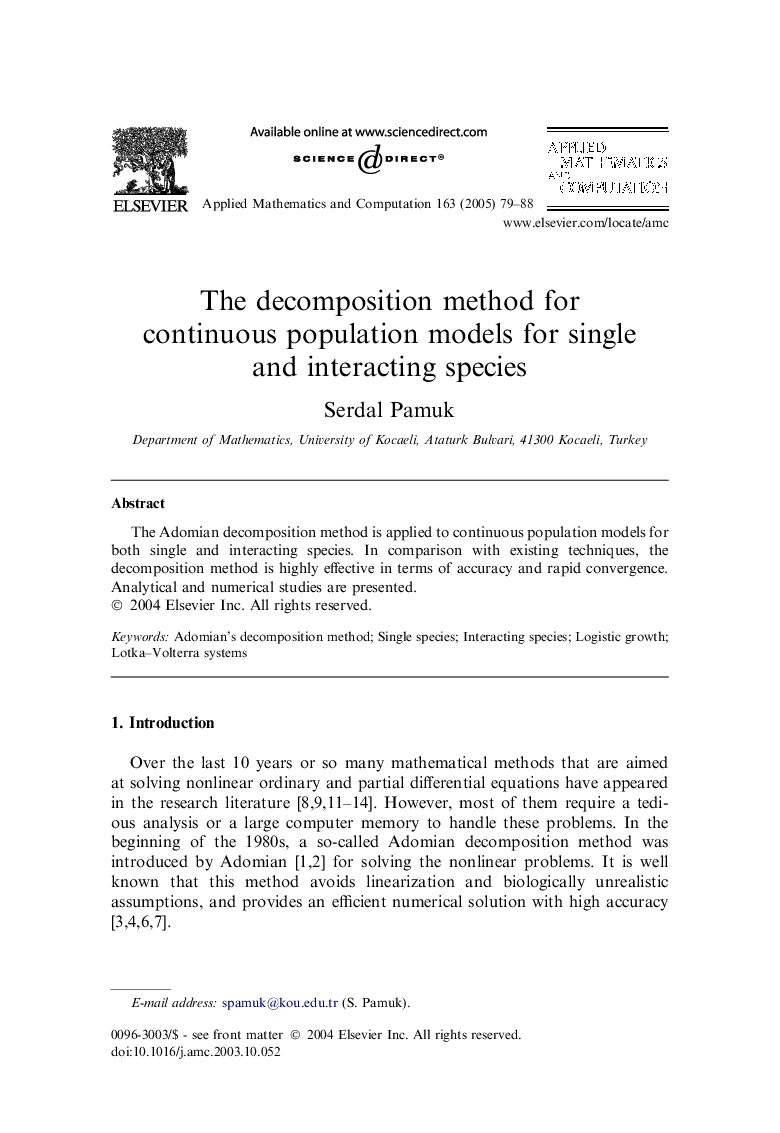 The decomposition method for continuous population models for single and interacting species