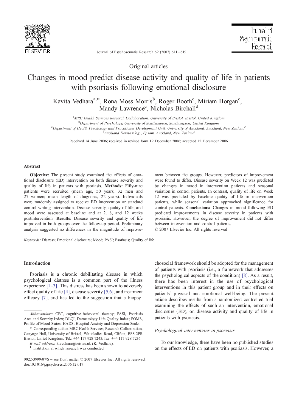 Changes in mood predict disease activity and quality of life in patients with psoriasis following emotional disclosure