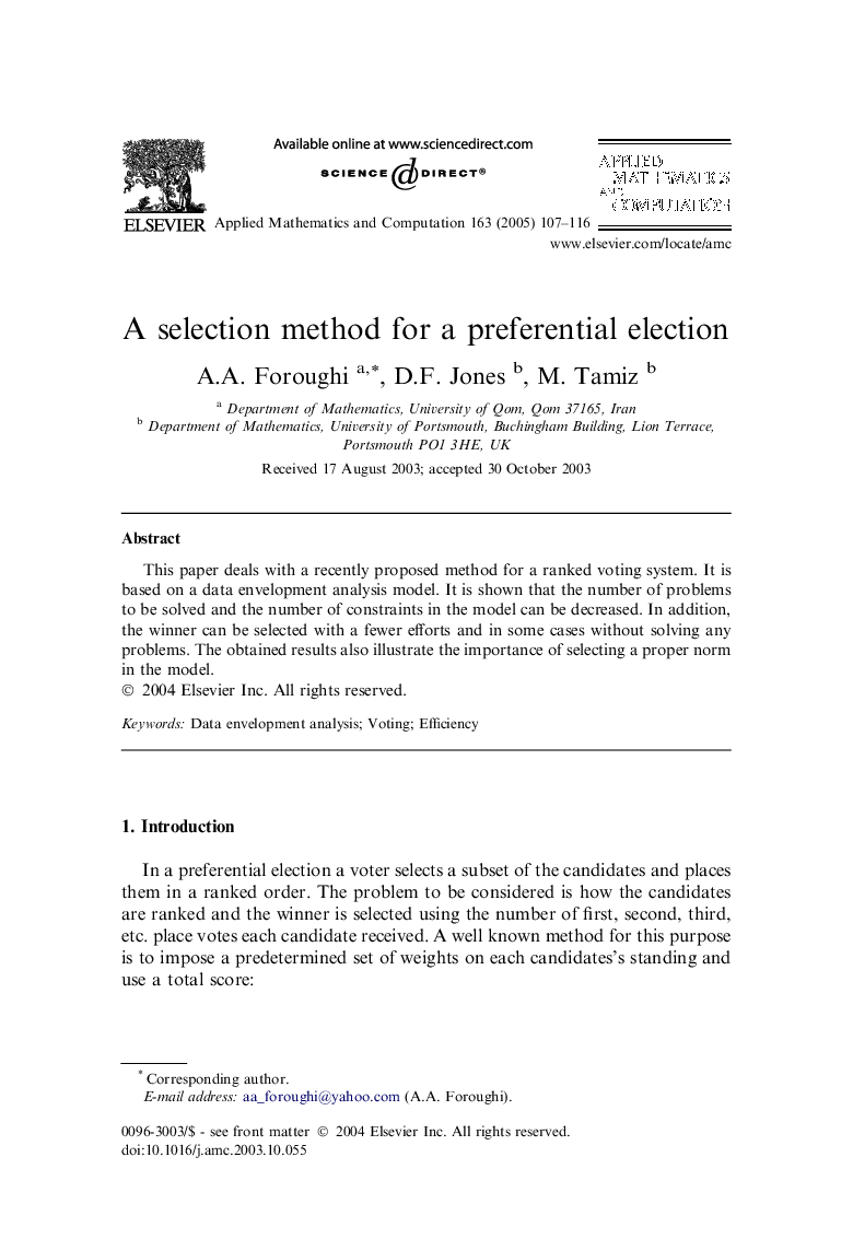 A selection method for a preferential election