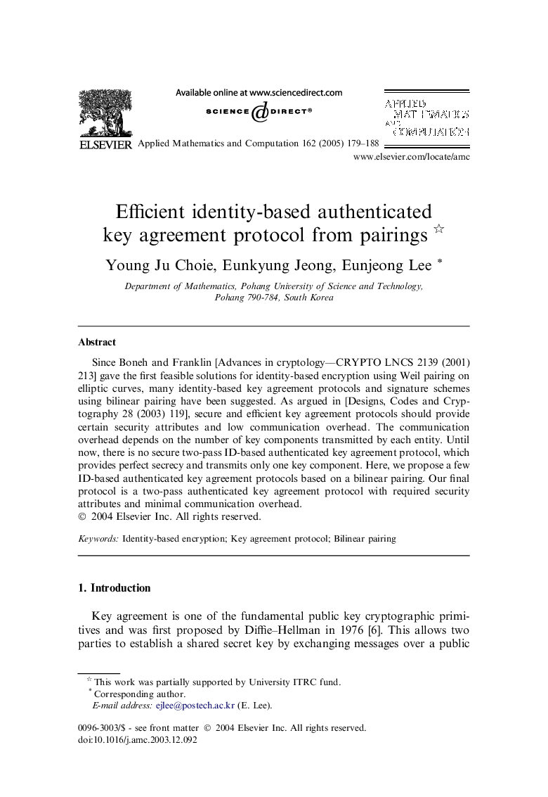 Efficient identity-based authenticated key agreement protocol from pairings