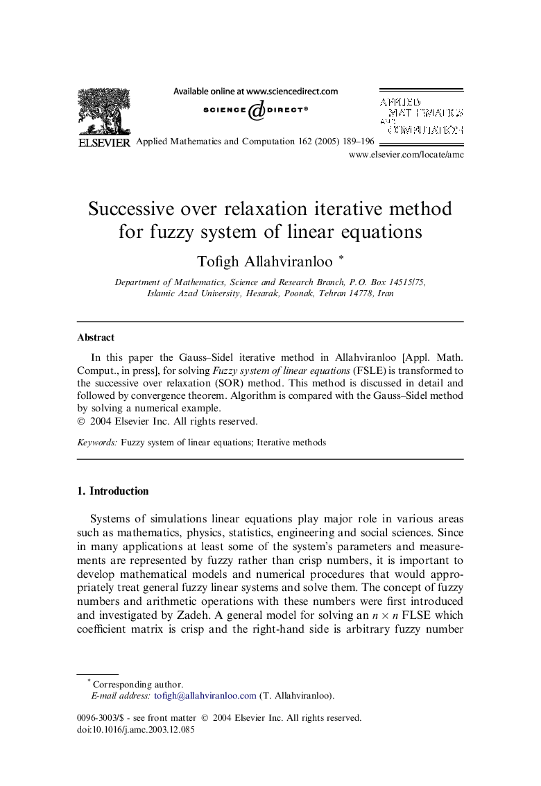 Successive over relaxation iterative method for fuzzy system of linear equations