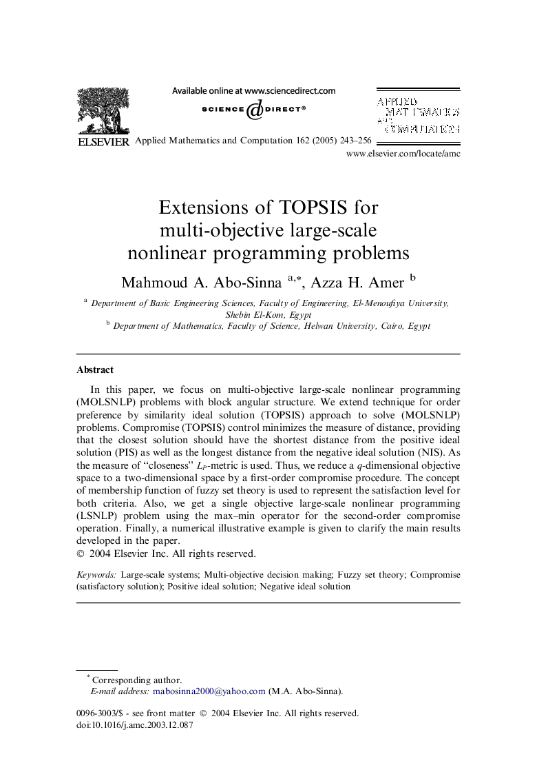 Extensions of TOPSIS for multi-objective large-scale nonlinear programming problems