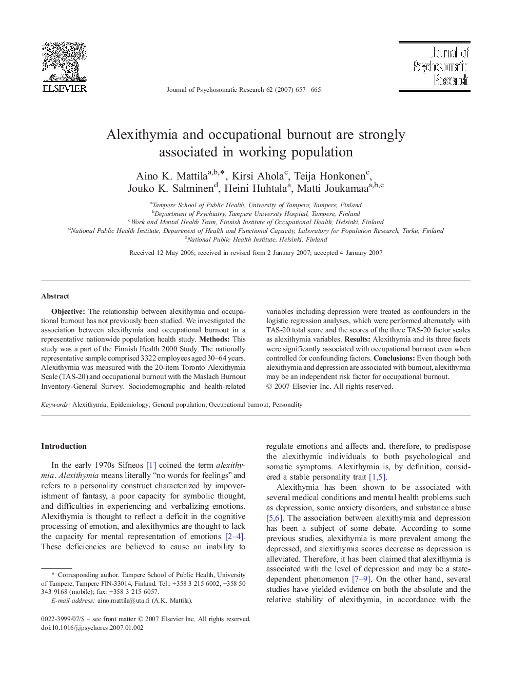 Alexithymia and occupational burnout are strongly associated in working population