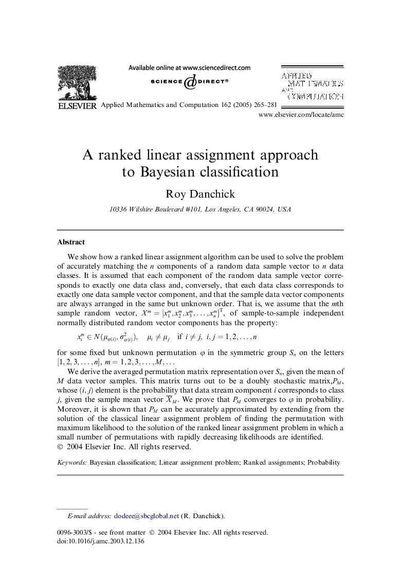 A ranked linear assignment approach to Bayesian classification