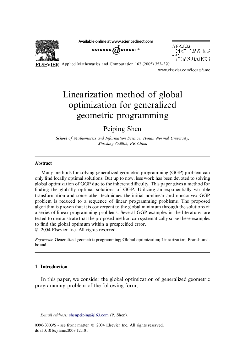 Linearization method of global optimization for generalized geometric programming