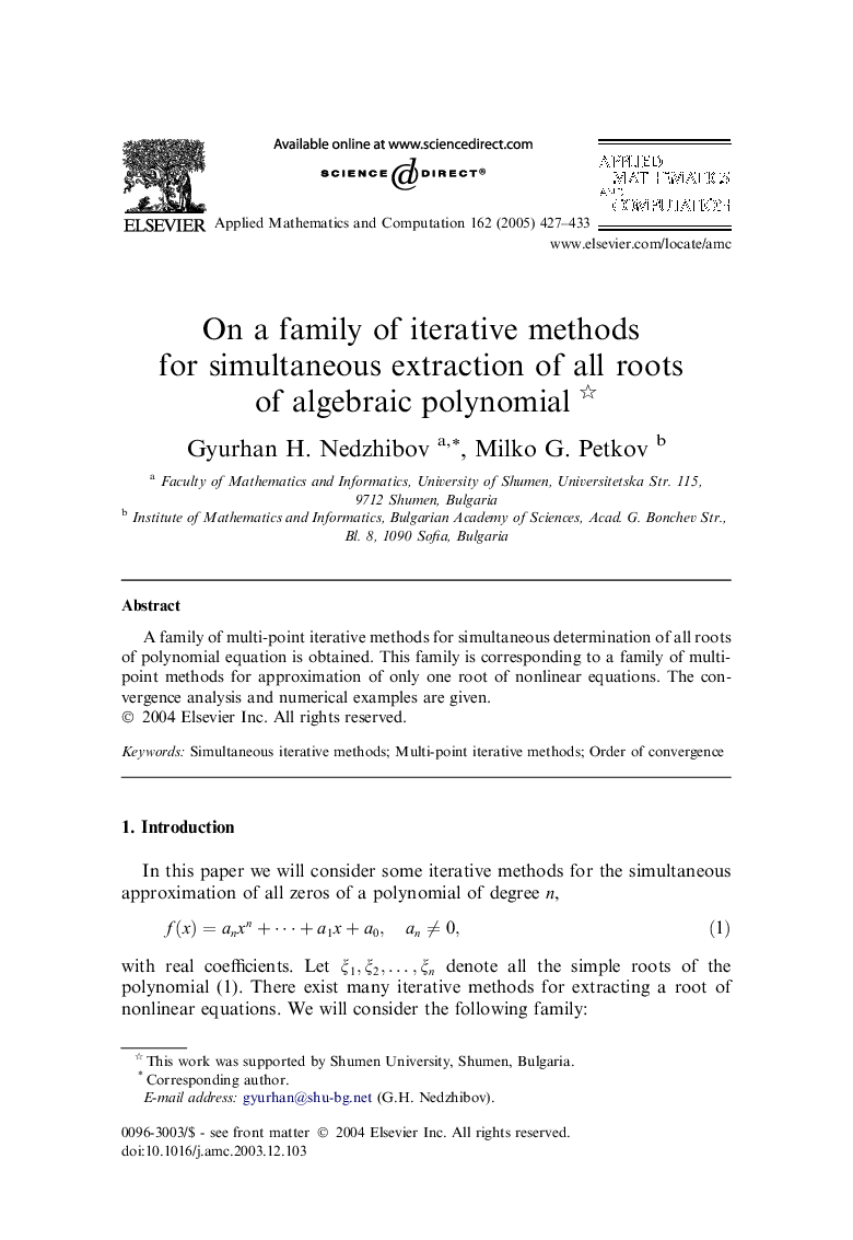 On a family of iterative methods for simultaneous extraction of all roots of algebraic polynomial