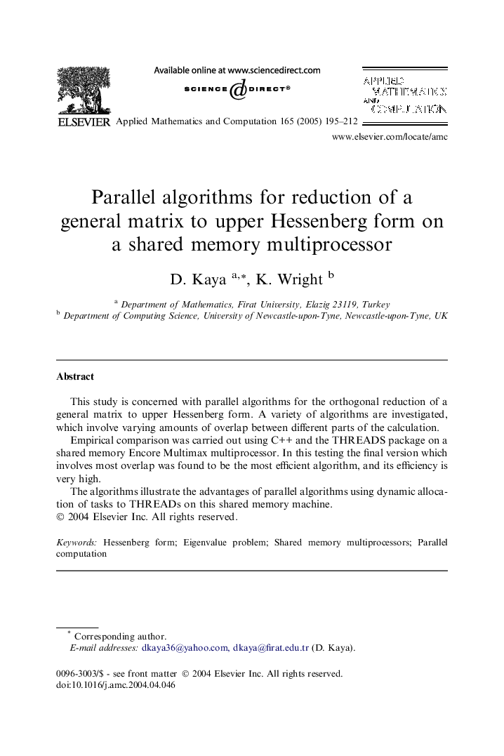 Parallel algorithms for reduction of a general matrix to upper Hessenberg form on a shared memory multiprocessor