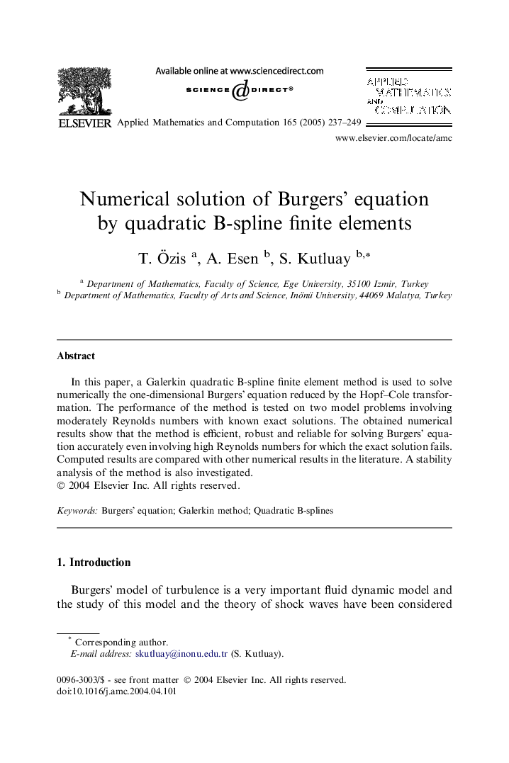 Numerical solution of Burgers' equation by quadratic B-spline finite elements