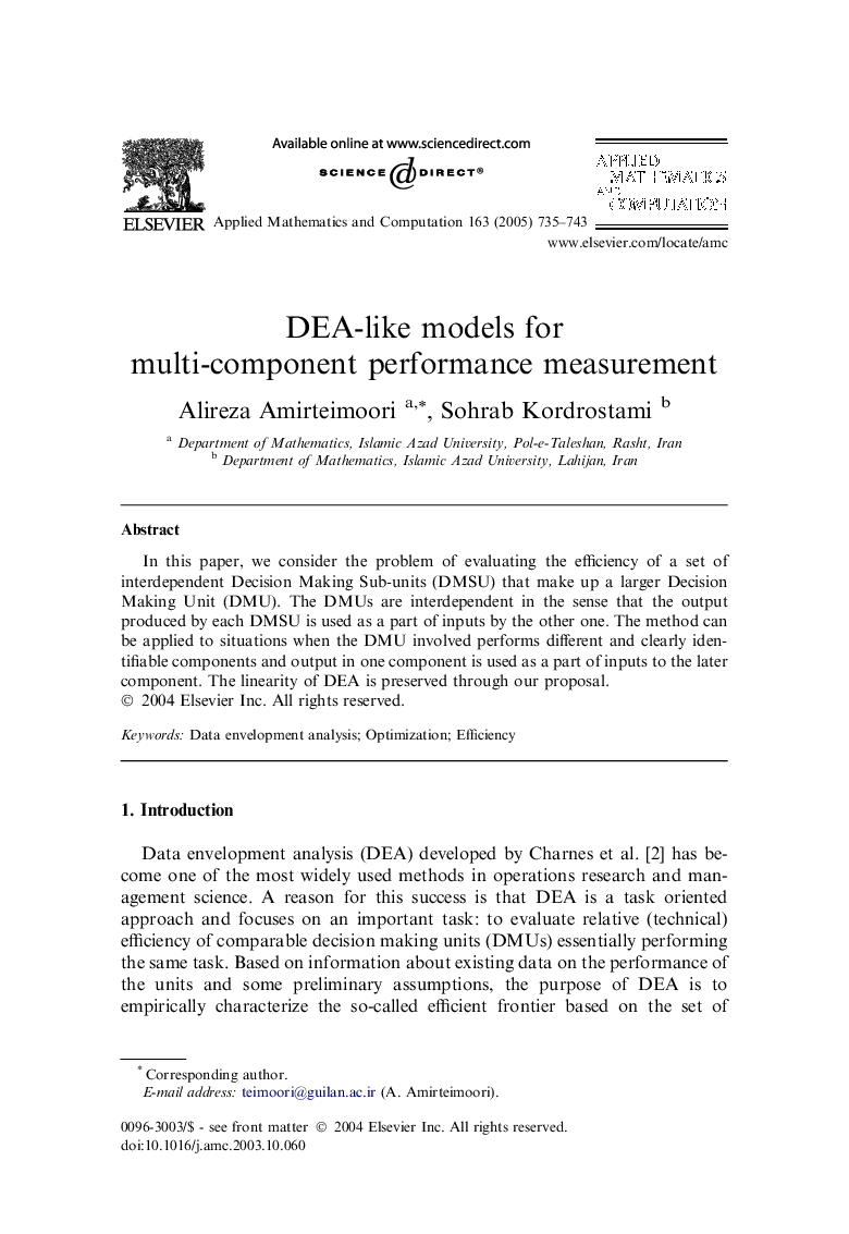 DEA-like models for multi-component performance measurement